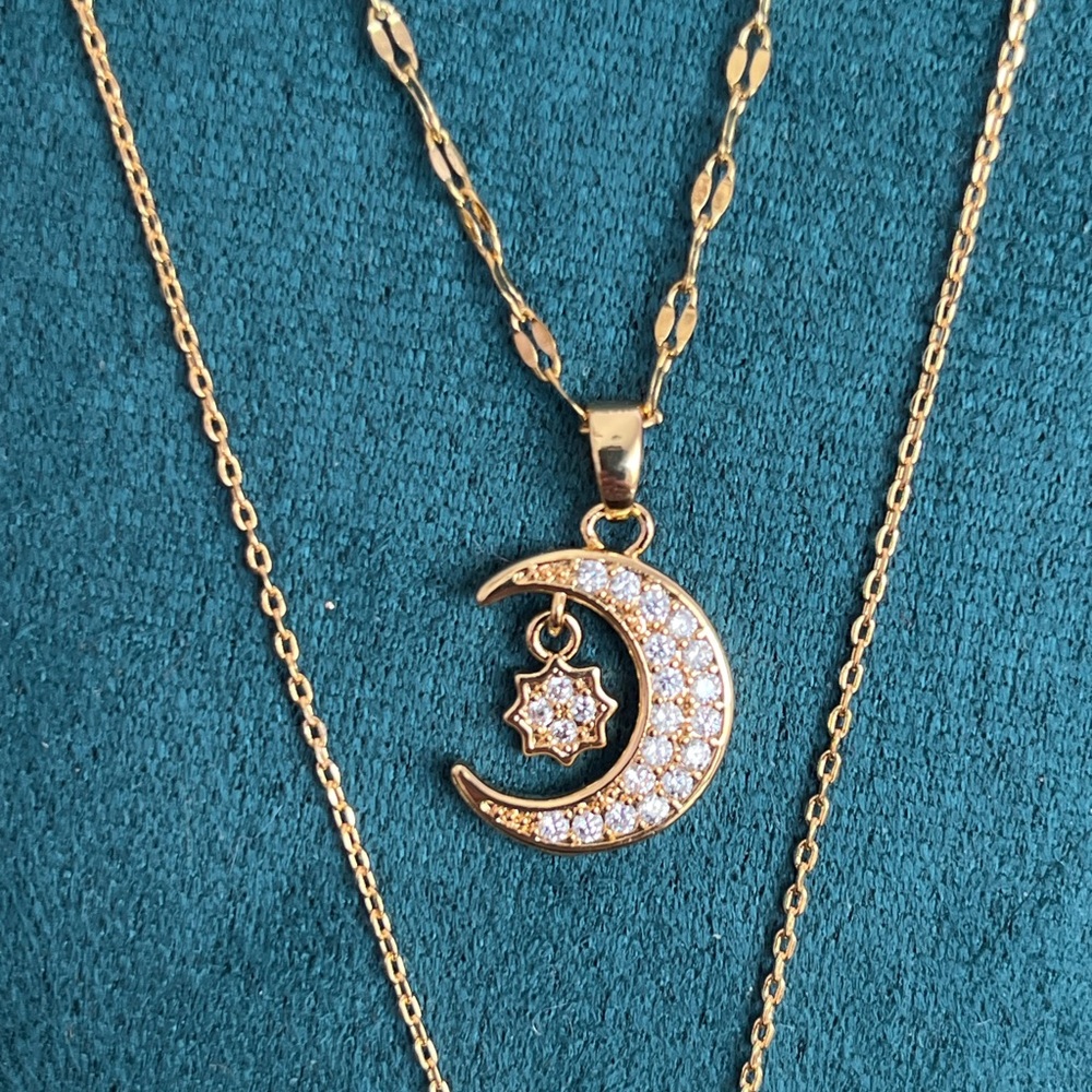 18k GF Gold Layer Necklace Set w/ Pear & Moon Pendants; Star Ring; HeartBracelet - Picture 5 of 10